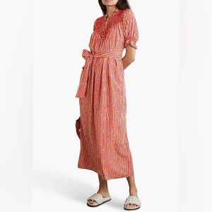 Elena Smocked Printed Broadcloth Midi Dress size M Striped Red Floral